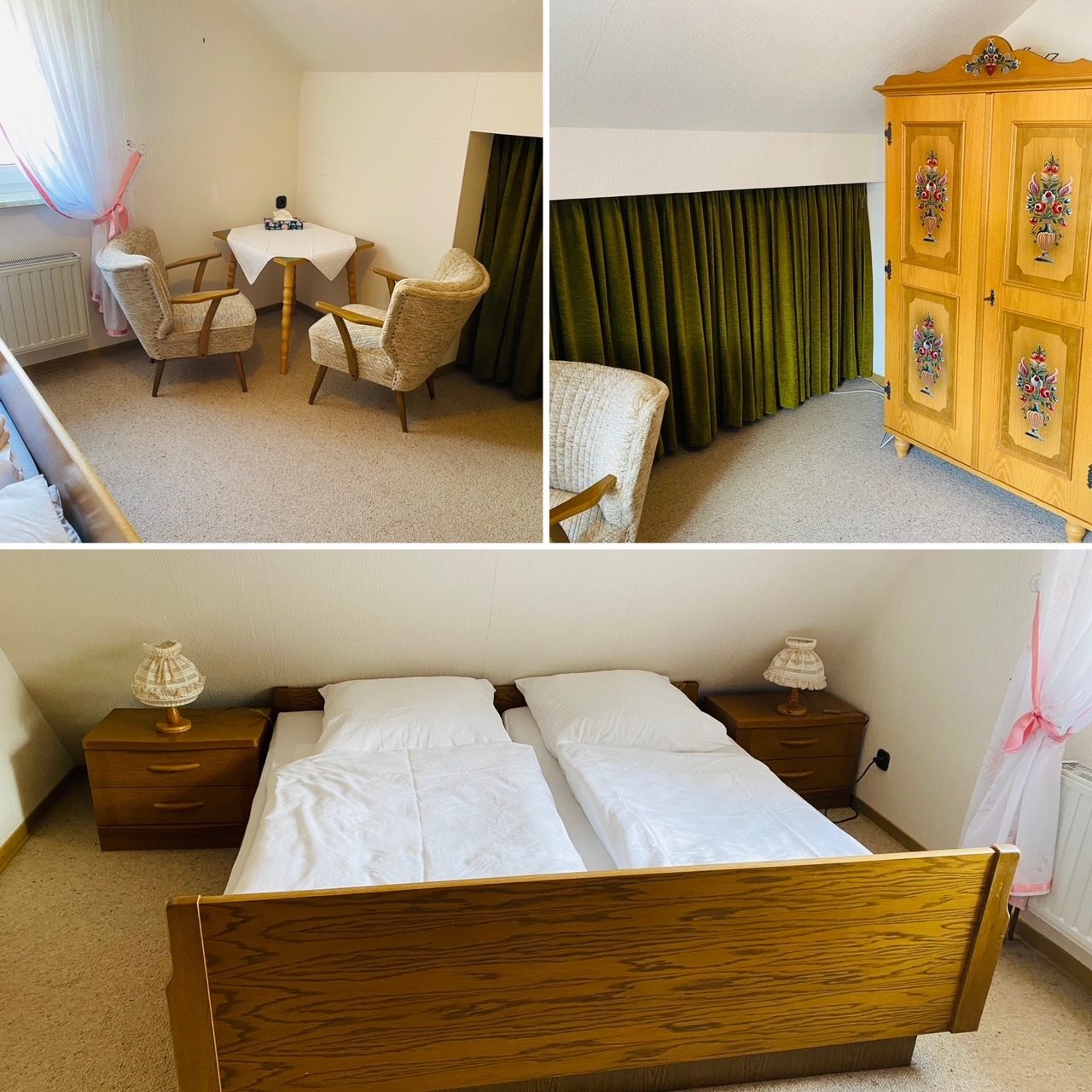 „Kämmerchen“ mit Doppelbett, Sitzecke und bemaltem Schrank