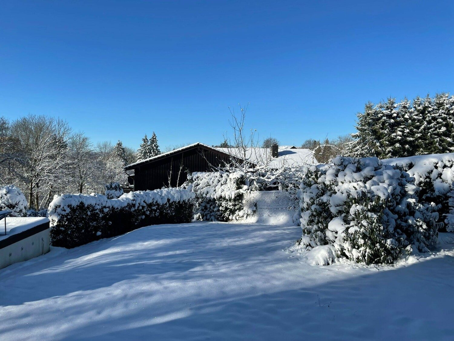 Verschneiter Garten am Haus