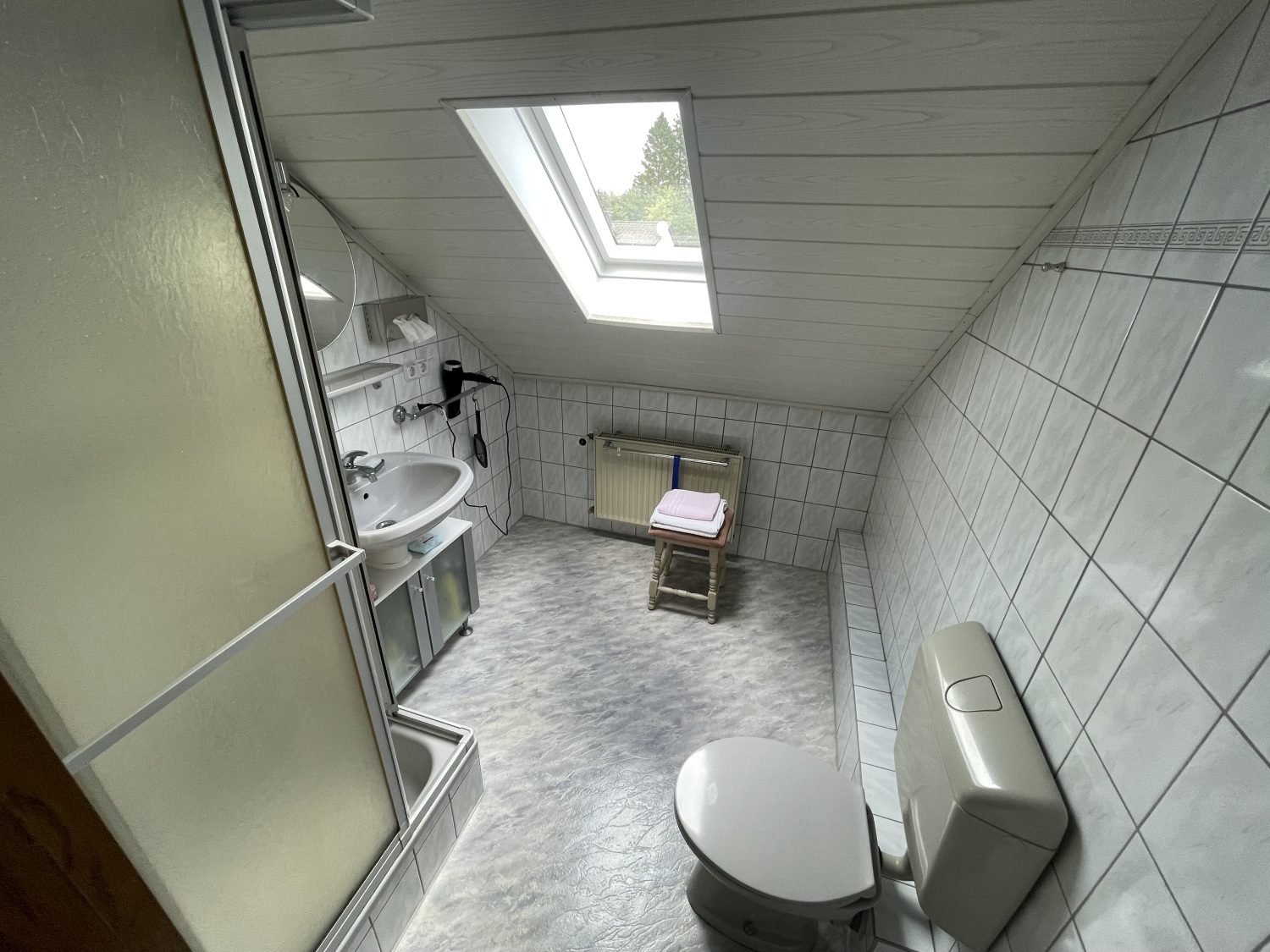 Badezimmer mit Dachfenster und Dusche
