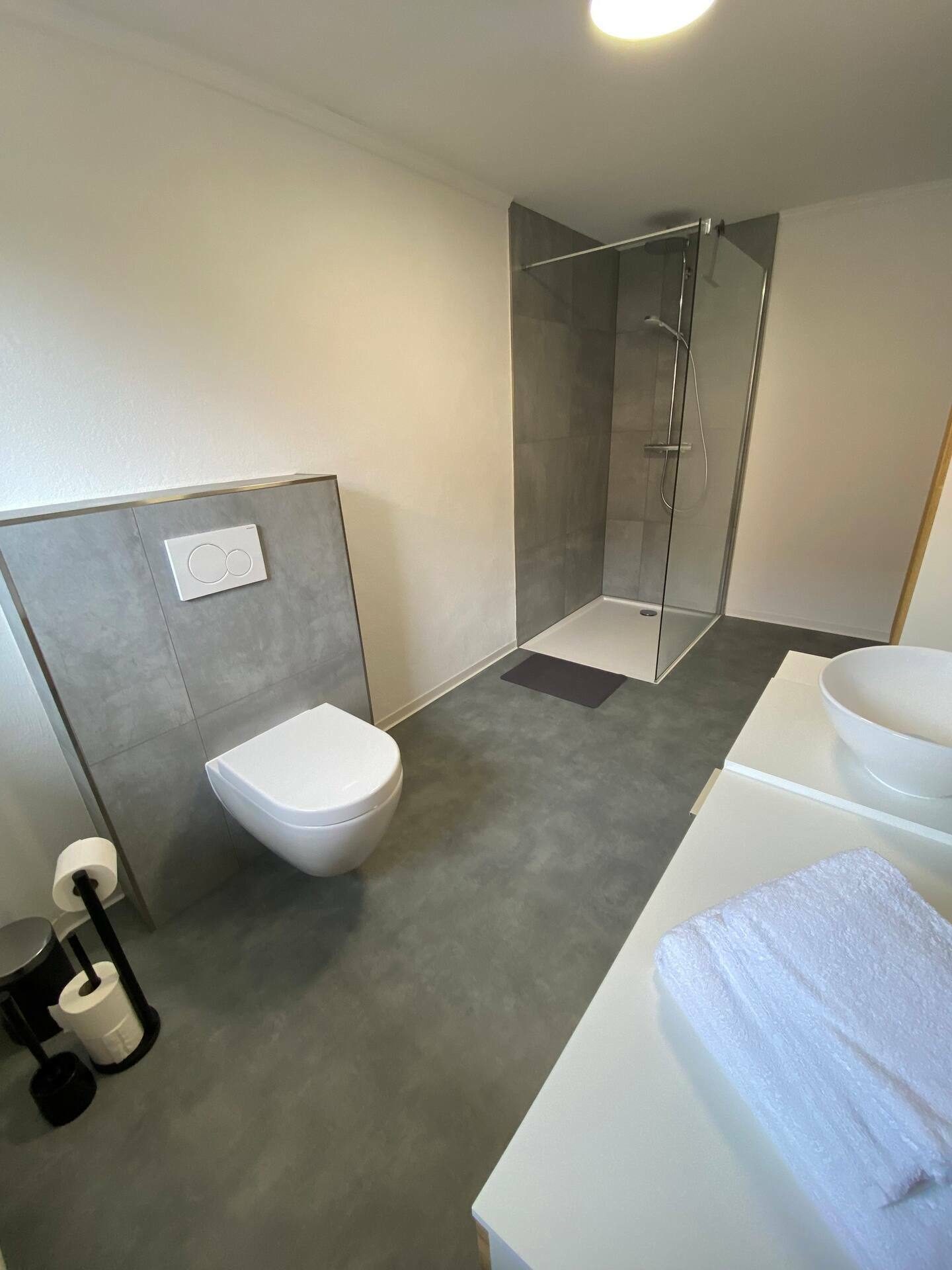 Badezimmer mit WC, Dusche und Handtüchern